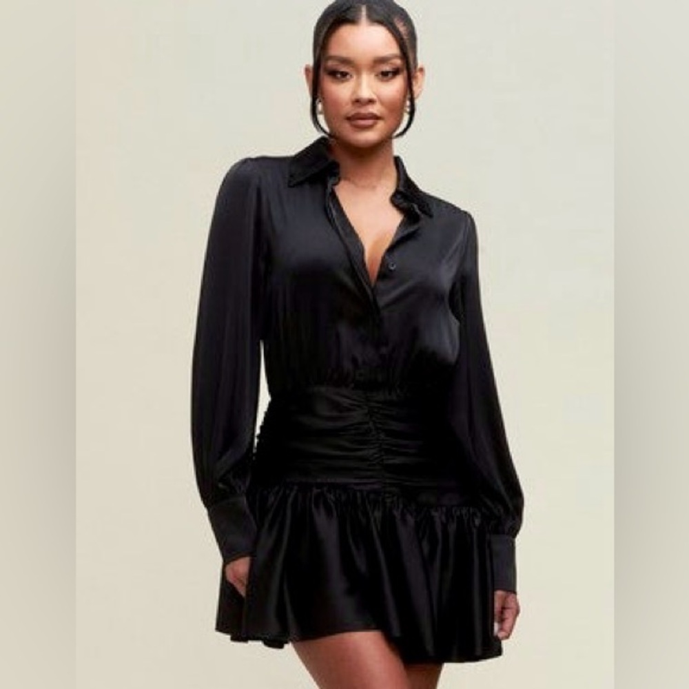 Sophisticated Black Long Sleeve Satin Dress